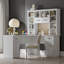 Bureau L 65 po bleu antique - 11 tablettes ouvertes, 2 tiroirs + 2 armoires, prise de courant encastrée, 66 po de hauteur, bureau de travail / bureau / centre de beauté-1395395451