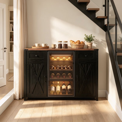 53.2 Inch Black Farmhouse Buffet Sideboard Cabinet, Freestanding Coffee Bar Station with Built in Power Outlet, Mini Fridge Compartment, Fluted Doors, Two Drawers and Wine Glass Holder for Kitchen Living Room