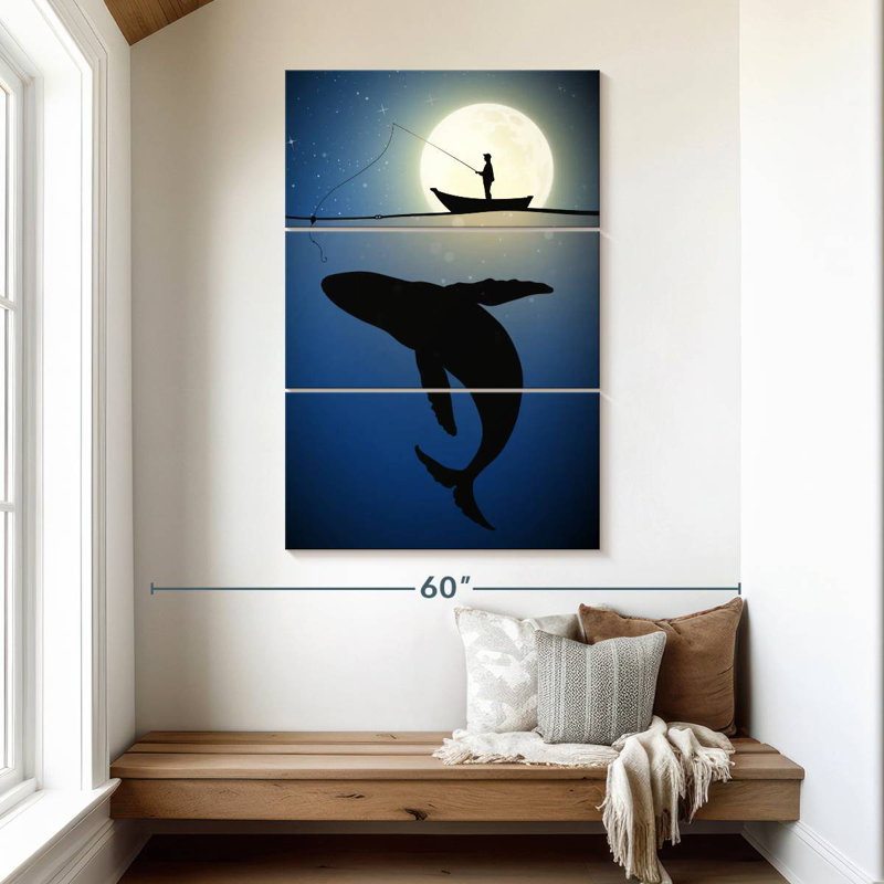 Pêche à la baleine au clair de lune Senne, H 50 po x l 32 po