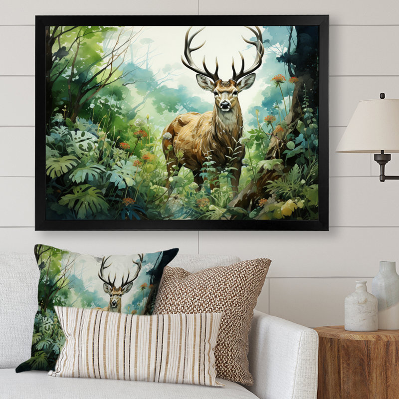 Deer Emerald Grace I - Animals Wall Art Prints, H 34 po x l 44 po x P 1,5 po, Cadre simple noir