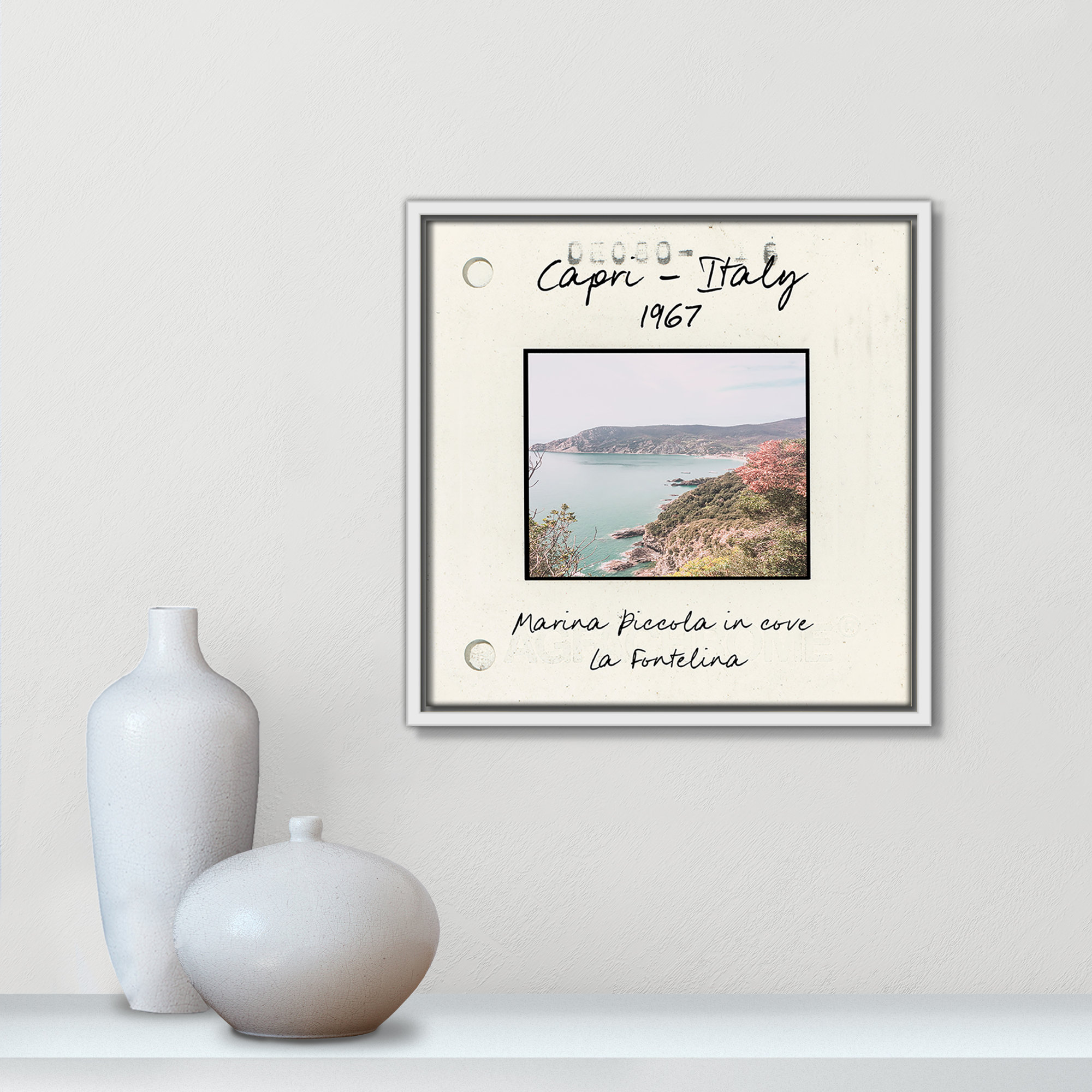 Capri Italy - Marina Picolla in La Fontalina Print by Susan Jill, 13.5" H x 13.5" W x 2" D, White Floater Framed Canvas