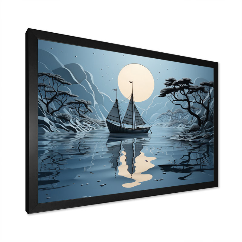 Collage de bateau bleu - impression, H 16 po x l 32 po x P 1 po, Cadre photo noir
