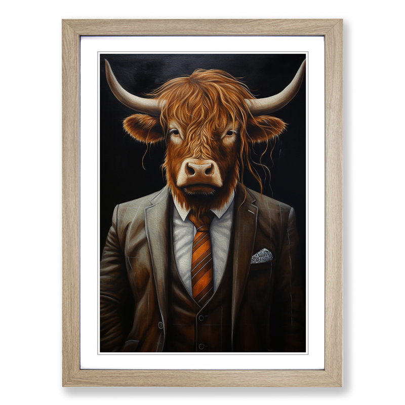 Highland Cow In A Suit Painting No.2 - Single Picture Frame Print on Wood, 64cm H x 46cm W x 2cm D, Oak Framed