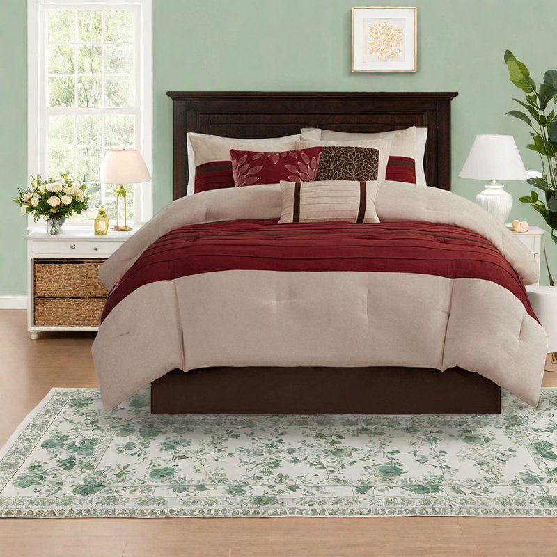 Ensemble de literie luxueux 7 pièces en faux suède, rouge, grand, design transitionnel