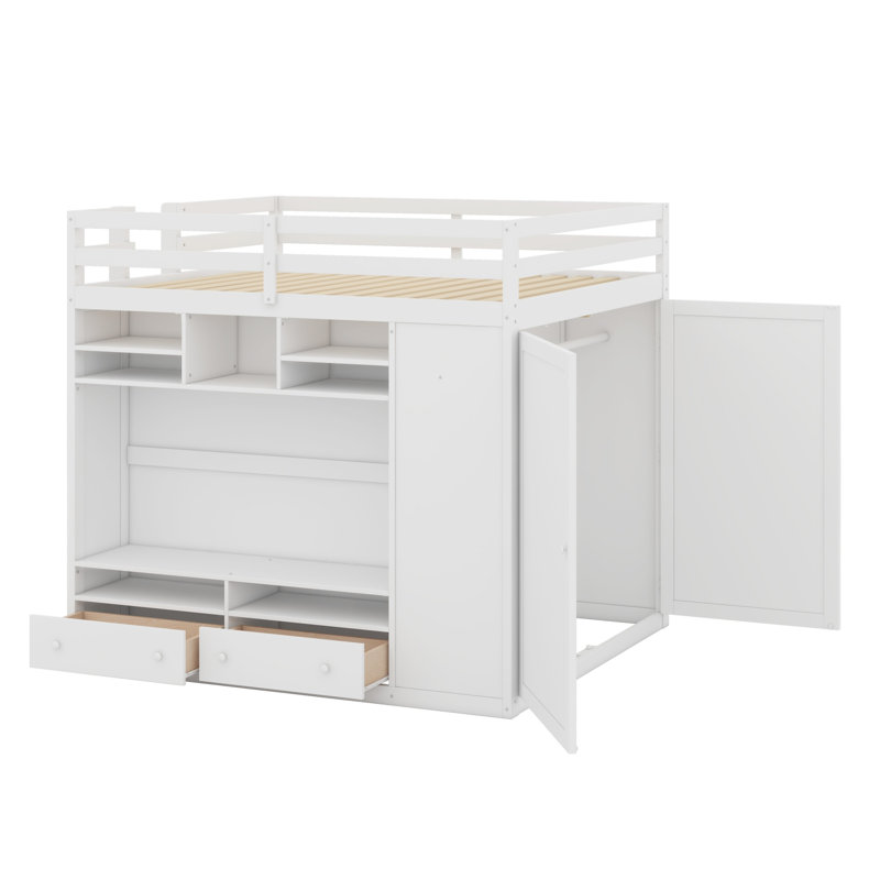 Loft Bed With Drawers, Shelves And Light, Blanc