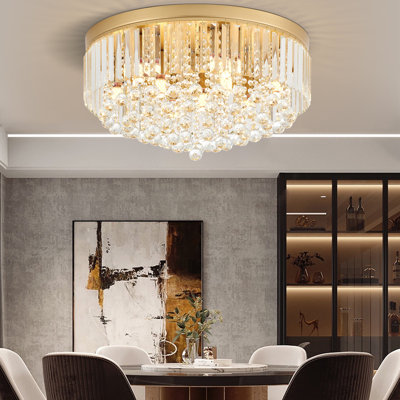 9-Light Modern Large Crystal Chandelier Semi Flush Mount Round Light Fixture Ceiling Lamp Farmhouse For Dining Living Room Foyer Bedroom, Bulbs Not Included