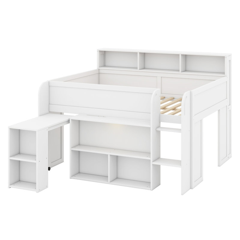 Versatile Modern Loft Bed Frame With Desk, Built-In Shelves And LED Lighting, White
