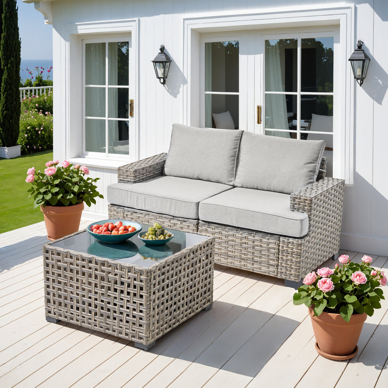 Ensemble de canapé modulaire d'extérieur en osier 3 pièces avec table basse et coussins Wahkon, Light Gray