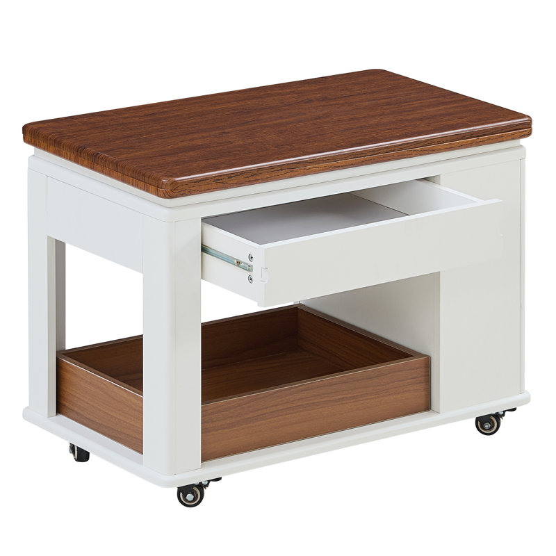 Table basse / table d'appoint moderne avec plateau pliable et roulettes, rangement multi-niveaux, Noyer