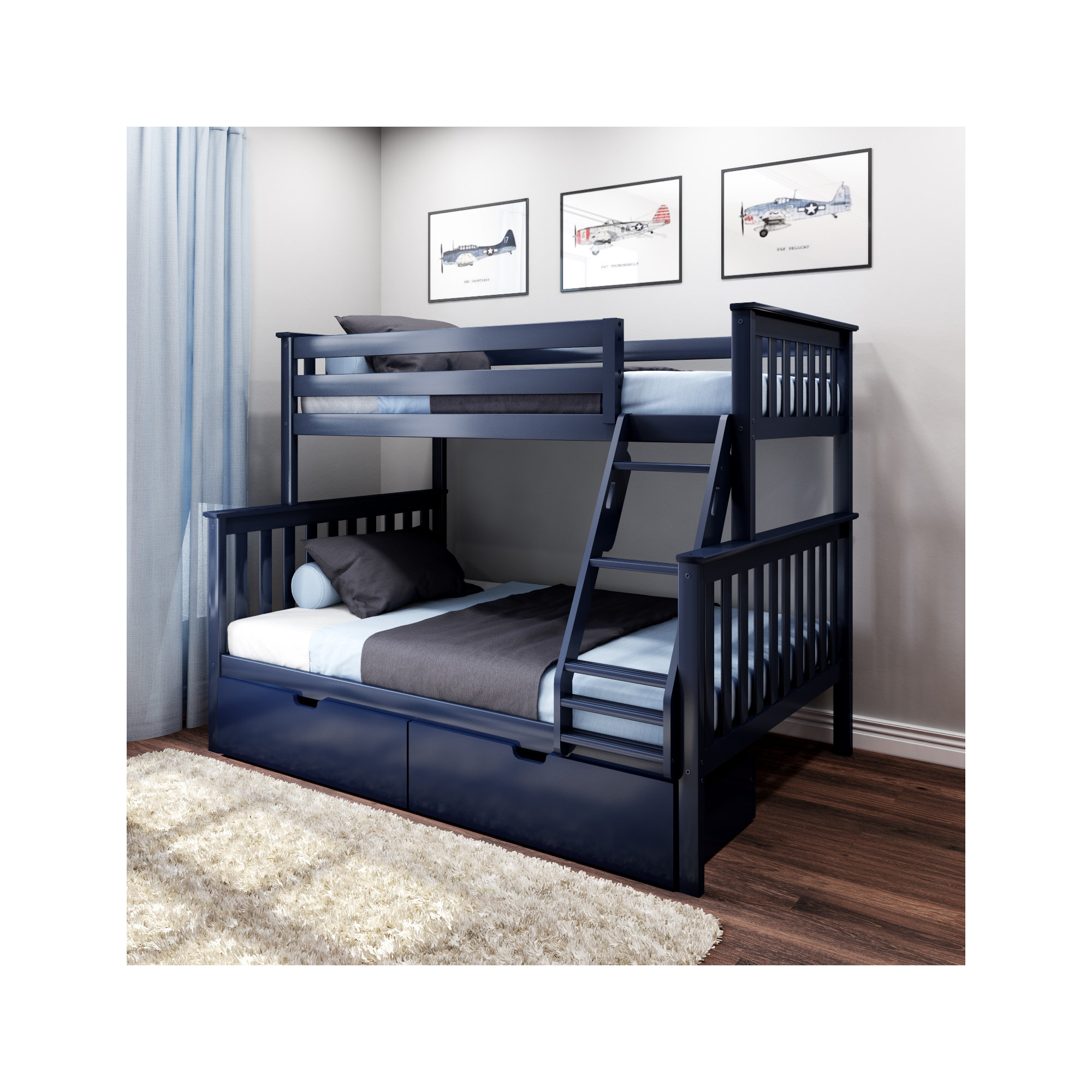Bolles Kids Bunk Bed with Drawers, Blue, Twin over Full