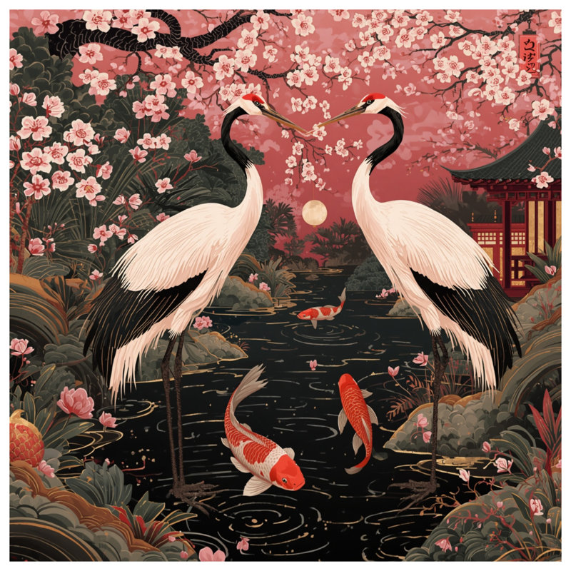 Housses de couette Cherry Blossom Cranes Koi, Lit simple