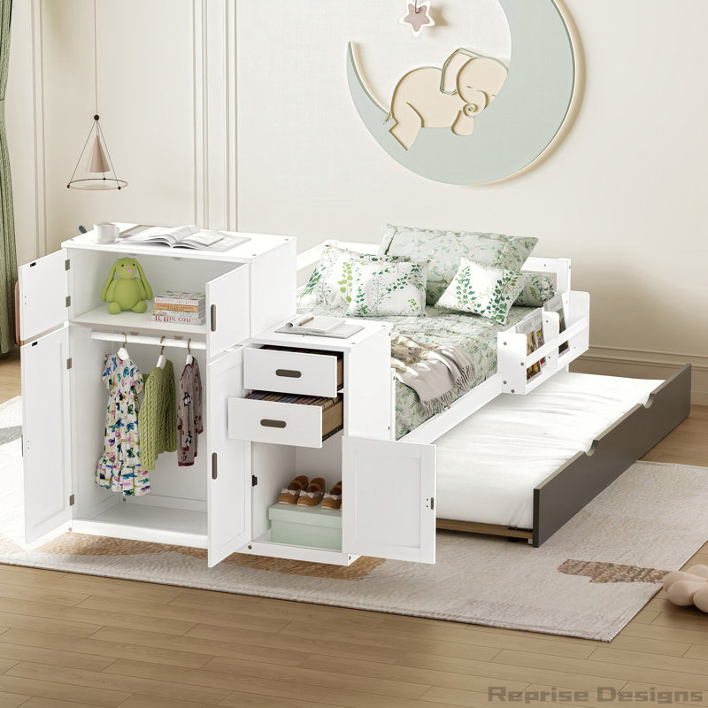 Lit plateforme multifonctionnel en bois avec lit gigogne, Blanc