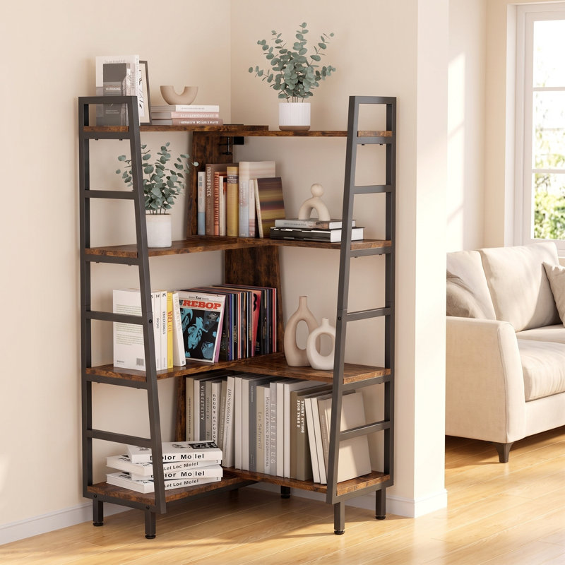 Bibliothèque géométrique, 99 cm (L) x 119 cm (H), tablette transformable à 4 niveaux, structure en MDF et fer, pieds réglables, brun et noir