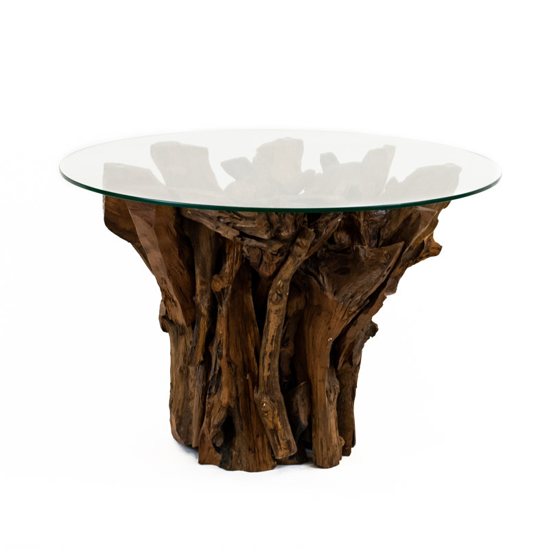 Aggelos Round Glass Top Solid Wood Base Dining Table