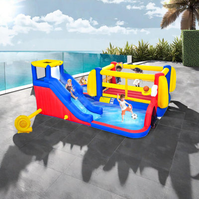 7-in-1 Inflatable Water Park with Slide, Bounce House, Deep Pool, Basketball Hoop, Football Gate and Climb Wall