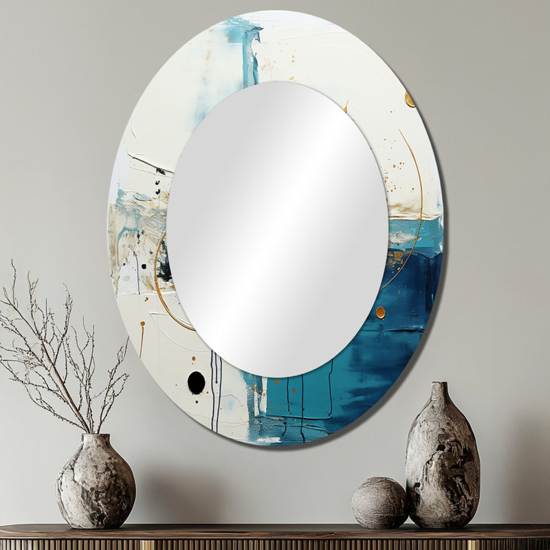 New Harmony Circular Abstract In White And Blue - Large Oval Wall Mirror On Metal, 40" x 30"