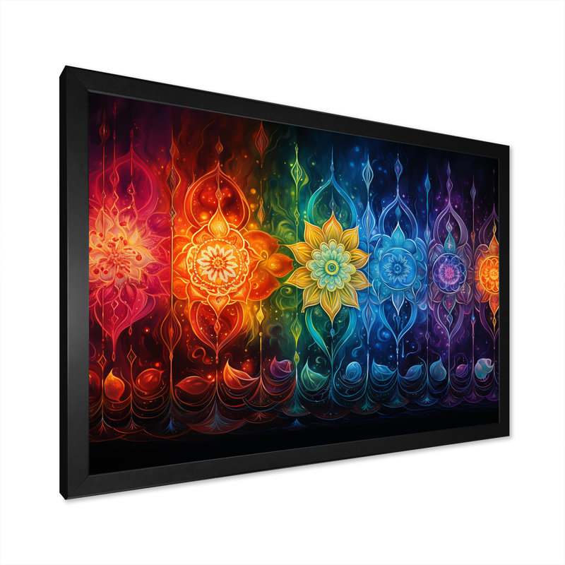 Chakras indou radieux arc-en-ciel - Art mural de l'hindouisme, Cadre simple noir, H 12 po x l 20 po x P 1 po