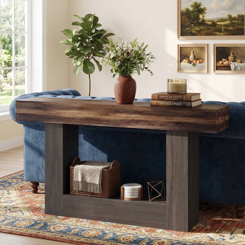63" Long 2-Tier Farmhouse Console Table, Sturdy Open Storage Shelf & Scratch-Resistant Vintage Finish, Anti-Tip Design Suitable For Entryway