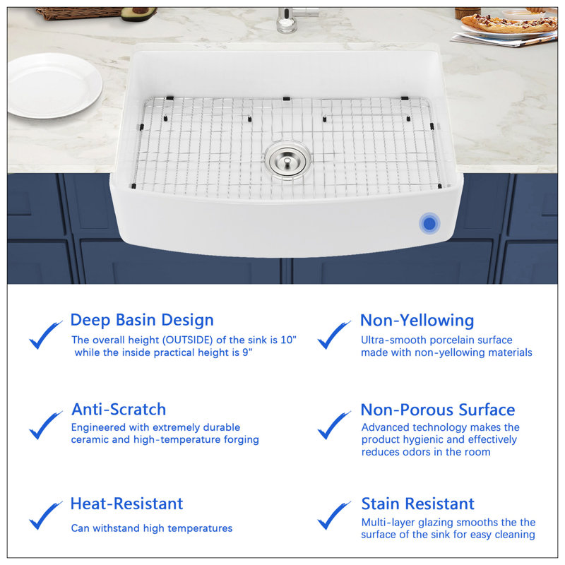 Évier de cuisine à simple cuve en argile réfractaire à tablier frontal L 33 po x l 20 po Fireclay