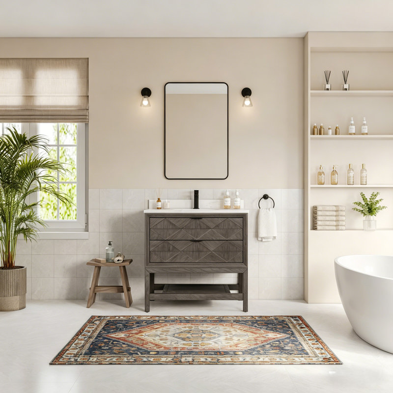 Ensemble de meuble-lavabo sur pied en bois massif 36 po avec plateau en marbre d'ingénierie, Chêne gris
