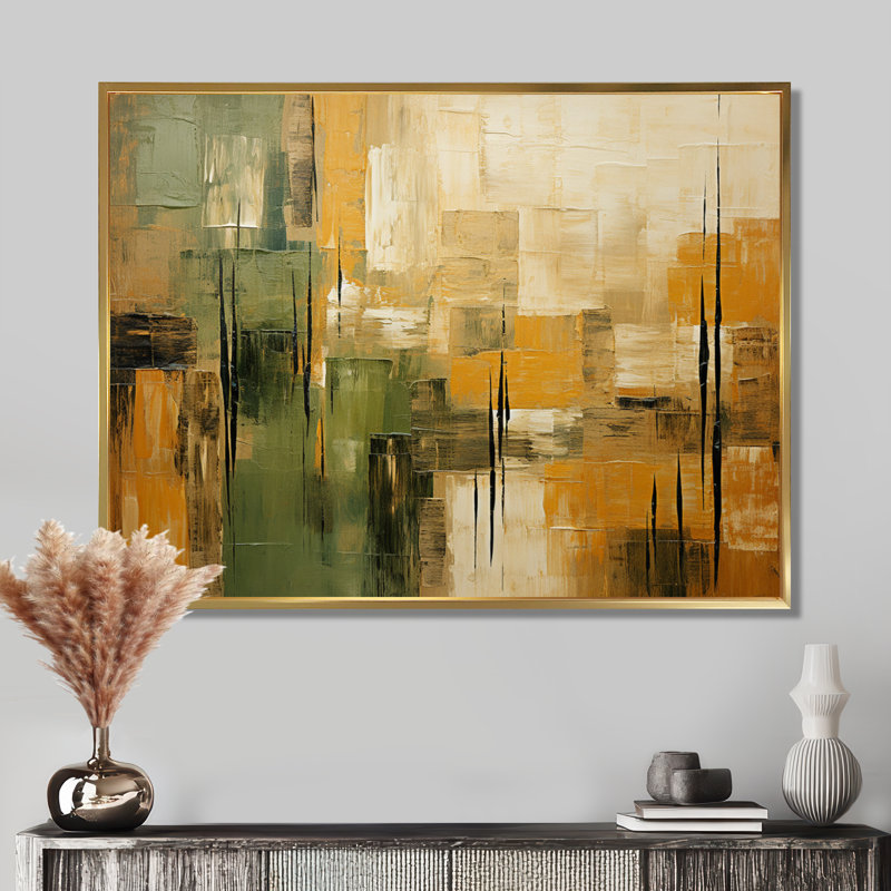 "Green beige Wild Essence Collage I - Tachisme", art mural sur toile, H 12 po x l 20 po, Reproduction avec cadre flottant