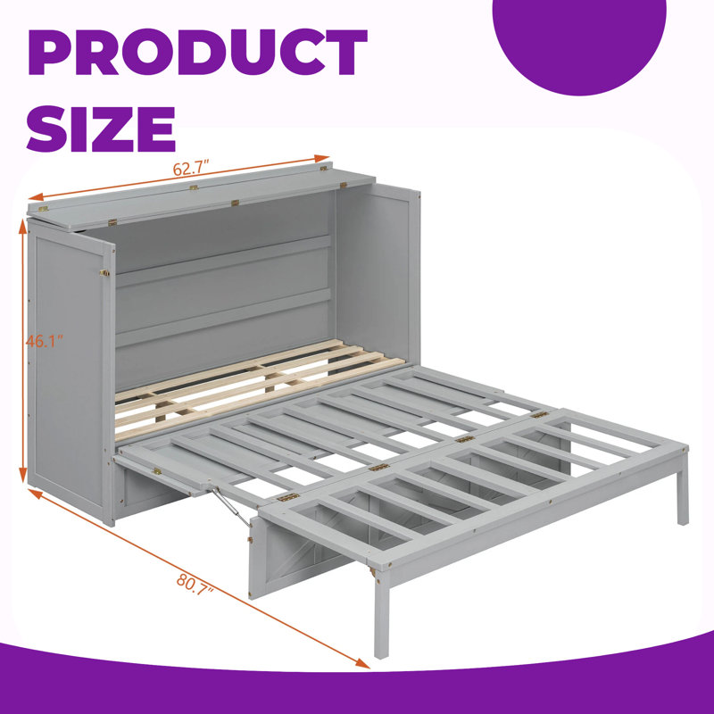 Grand lit escamotable avec tiroirs de rangement et chargement USB - Conception d'armoire murale peu encombrante, prises incluses, gris brossé