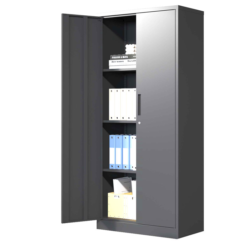 71"H Metal Garage Storage Cabinet, White Tool Steel Locking Cabinet with Doors and 3 Adjustable Shelves, Black