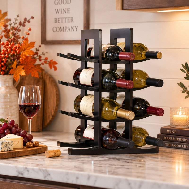 12 Bottle Bamboo Wine Rack with Compact Countertop Design, Dark Espresso