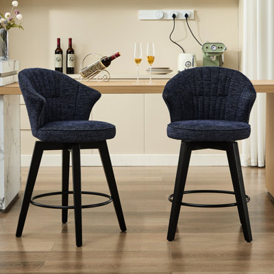 Tabouret à oreilles pivotant à hauteur de comptoir de 25 po de 2, revêtement en chenille bleue, pieds en bois massif pour la cuisine, le pub à la maison, le mobilier de salle à manger, le revêtement de bar réglable et l'îlot de cuisine, pièce