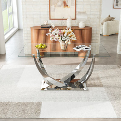 Shackleford 63" Modern Glass Dining Table, V-shaped Stainless Steel Pedestal Base, 10mm Clear Tempered Glass Table