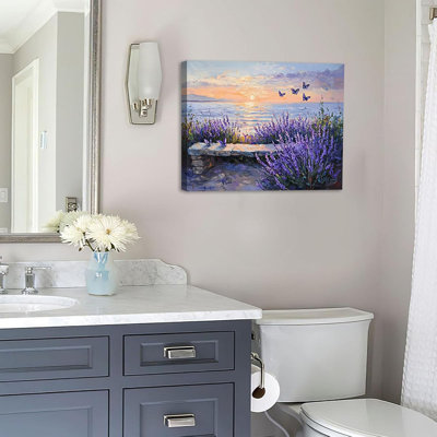 Coastal Sunset Lavender Canvas Wall Art Still Life SeascapePainting Picture Wall Decor Floral Print Beach Theme Painting Artwork for Modern Home Decoration for Living Room Bedroom 12x16in