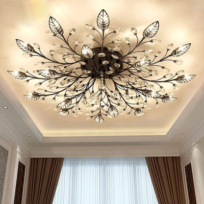 Luminaire de plafond moderne en cristal, lustres semi-encastrés, plafonnier feuille de cristal, lustres pour salle à manger, salon, chambre à coucher (15 lumières)