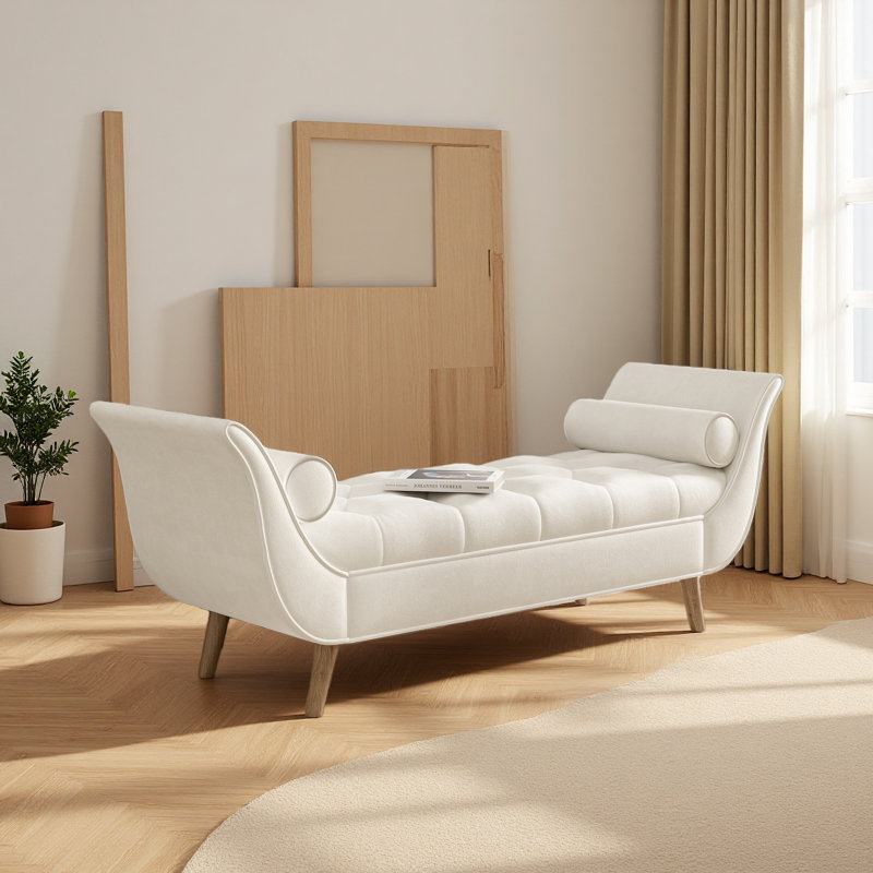 Upholstered Velvet Bench, End Of Bed Bench With 2 Pillows, Upholstered Button Tufted Ottoman,Footstool With Rolled Arms