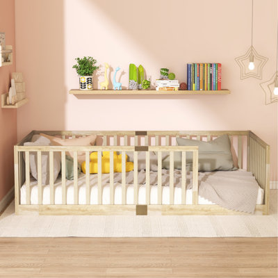 Twin Size Floor Bed with High Fence Railings, 6 Slats Included, Rubber Wood Floor Bed with Safety Guardrails, without Door,Natural