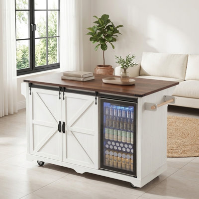FFZ 72" Farmhouse Rolling Kitchen Island with Dual Fridge Spaces Power Outlet and Drop Leaf
