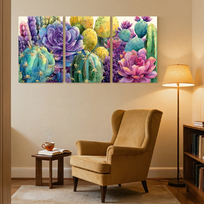 Plantes et fleurs, cactus colorés et plantes grasses, ensemble de 3 impressions sur toile, H 36 po x l 72 po