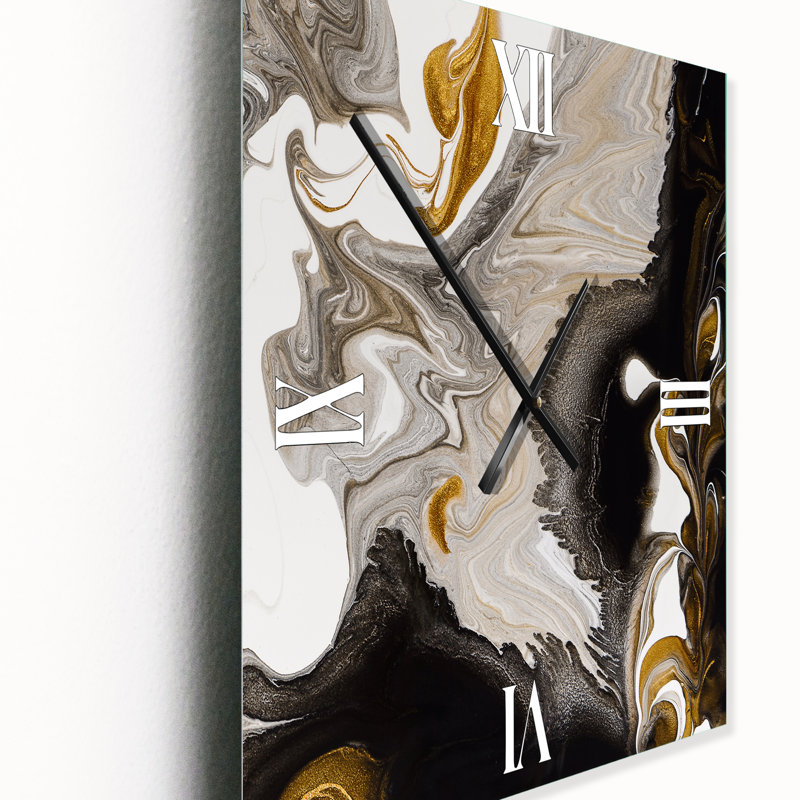 Horloge murale abstraite en or doré et noir Marble Waves IV, Petit