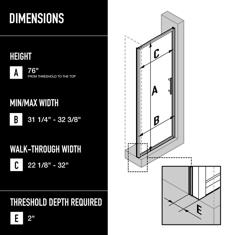Astoria 32" W x 76" H Pivot Framed Shower Door with 5/16" Grid Clear Glass