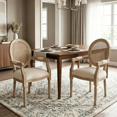 Mid-Century Dining Chairs Set of 2, Round Cane Back Upholstered Farmhouse Side Chairs with Fluted Rubber wood Legs