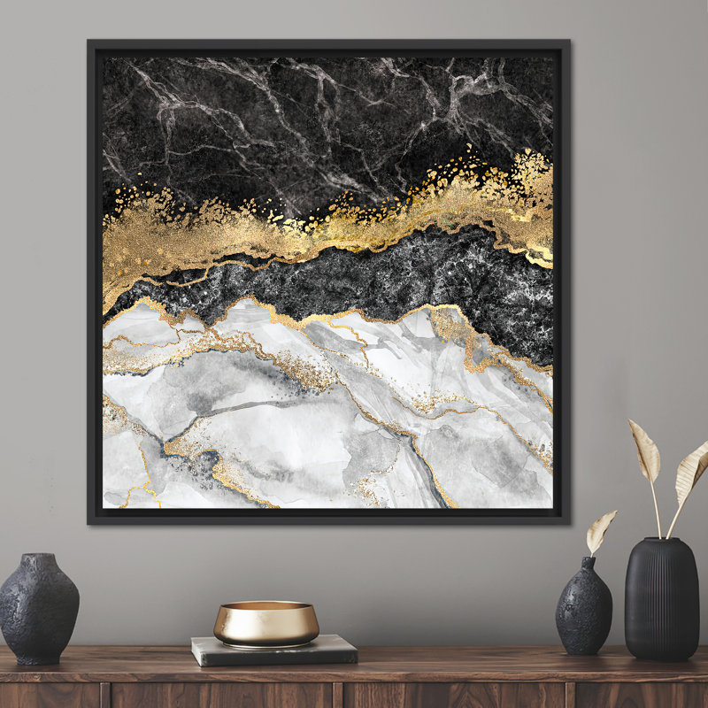 Art abstrait sur toile marbrée noire et dorée - impression à l'encre moderne et luxueuse, H 41 po x l 41 po