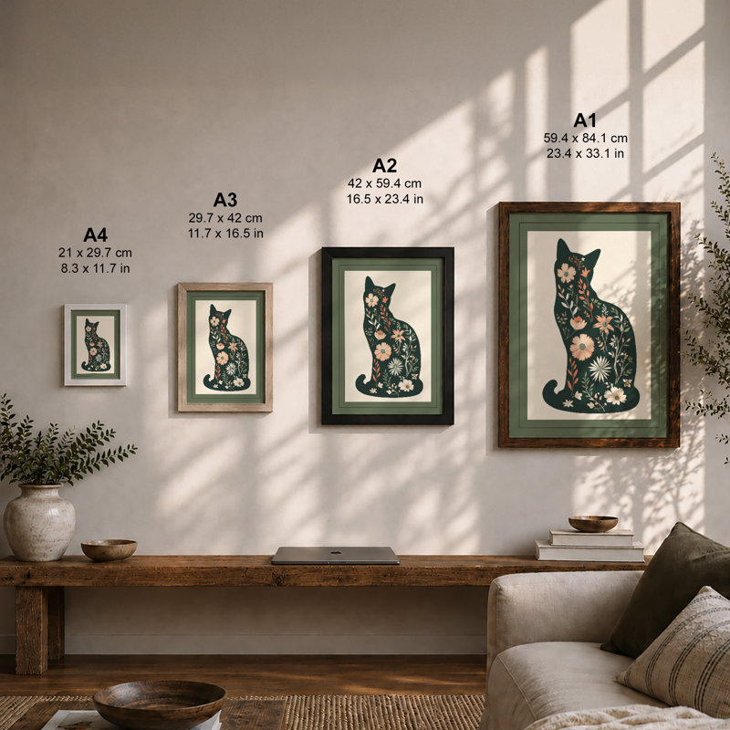 Botanical Cat in Bloom Boho - Framed Print, Walnut, A4 - 29.7 x 21.0 cm