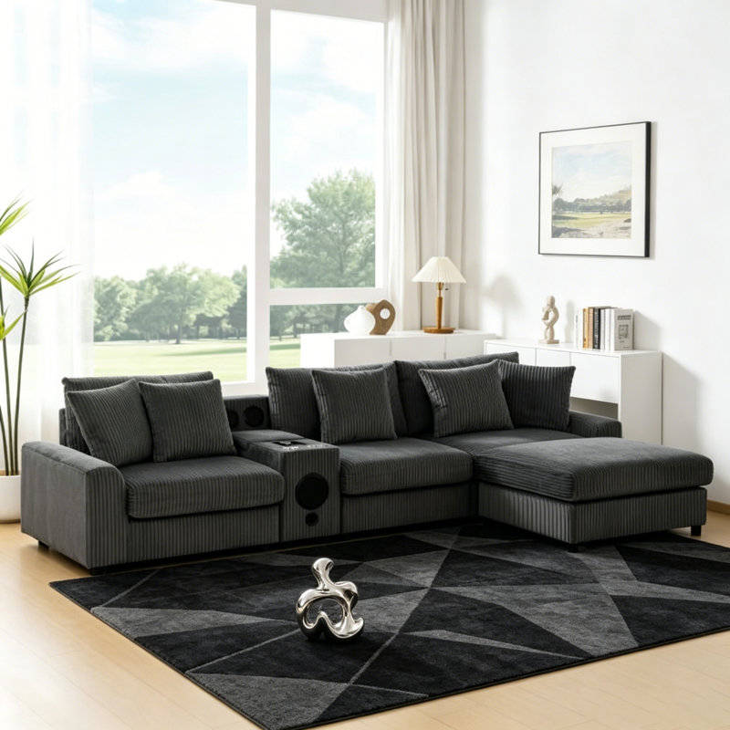 Canapé modulaire en L 112 po x 64 po en velours côtelé gris foncé avec console et repose-pieds Bluetooth, Dark Gray