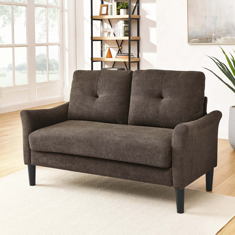 Canapé moderne à 2 places avec dossier capitonné et accoudoirs évasés, pieds hauts en plastique robustes, coussin d'assise mi-ferme, assemblage facile
