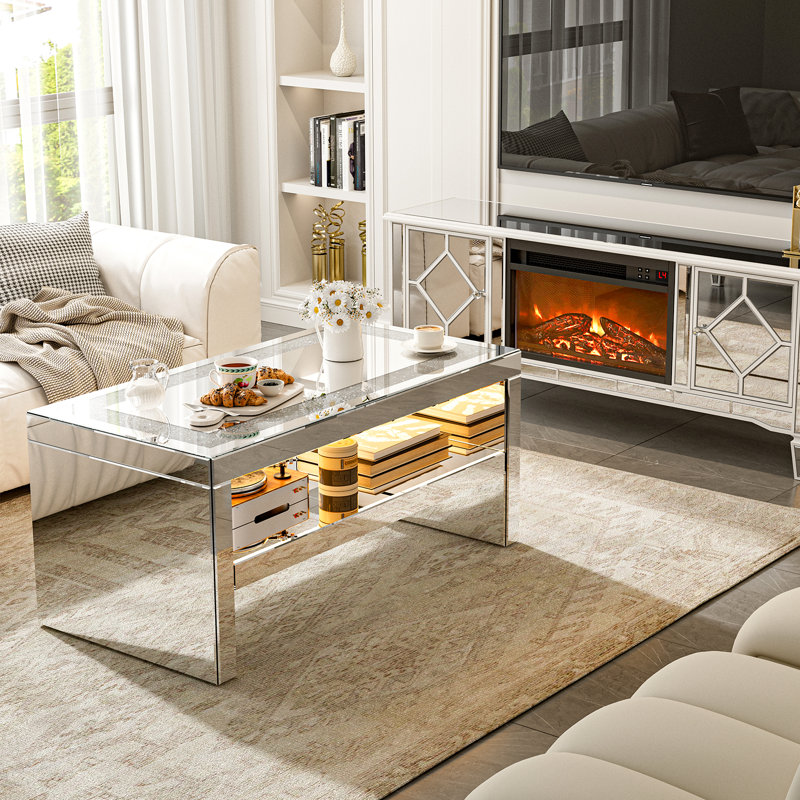 Mirrored Coffee Table With Mirror Crystal Board, Glass Rectangle End Table Coffee Tea Table With 2 Tier For Living Room Bedroom