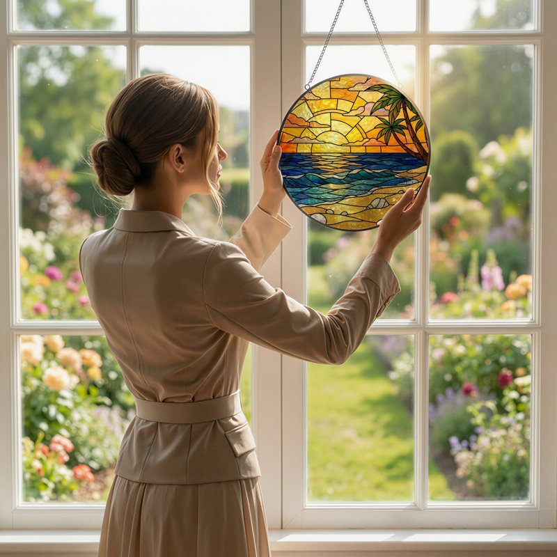 7.8"H Sunset Beach Stained Glass Window Panel, 7.8" H x 7.8" W