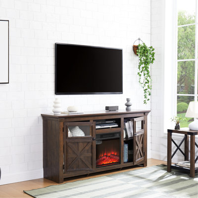 Meuble télé 60 po. L 60,95 po., Foyer 18 po., Armoire 2 portes, 6 trous de câble, l 65 po.