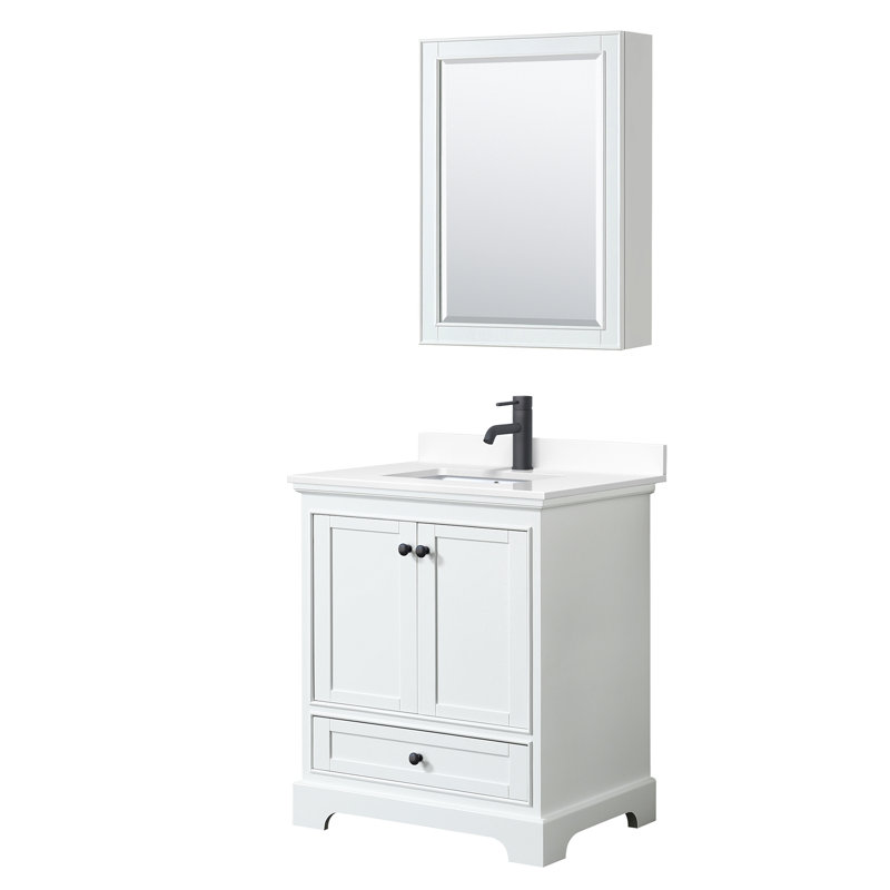 Ensemble de meuble-lavabo simple 30 "avec miroir Deborah, Marbre de culture de Carrare, Blanc, Or brossé