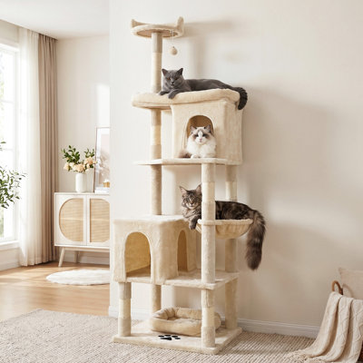 Arbre à chat tour-condo de 183 cm pour plusieurs chats, agencement flexible, poteaux à griffer et rampe en sisal, long perchoir de détente, surfaces douces et moelleuses, balles de jeu, convient aux chatons et aux chats adultes (beige)