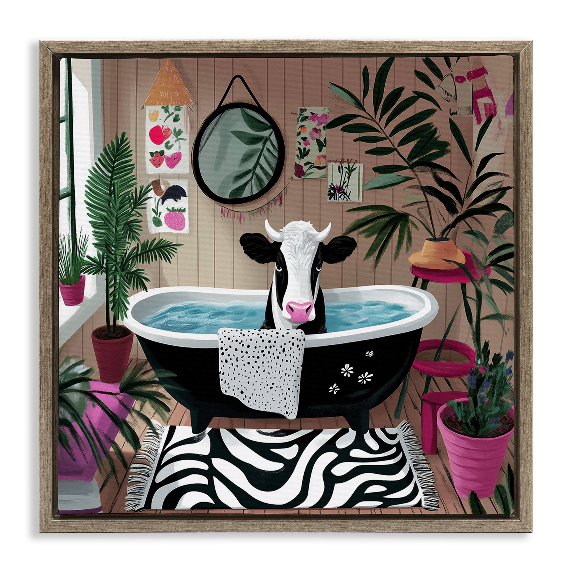 Trinx Cow in Modern Bathroom Space Brown Framed Floater Canvas Wall Art ...