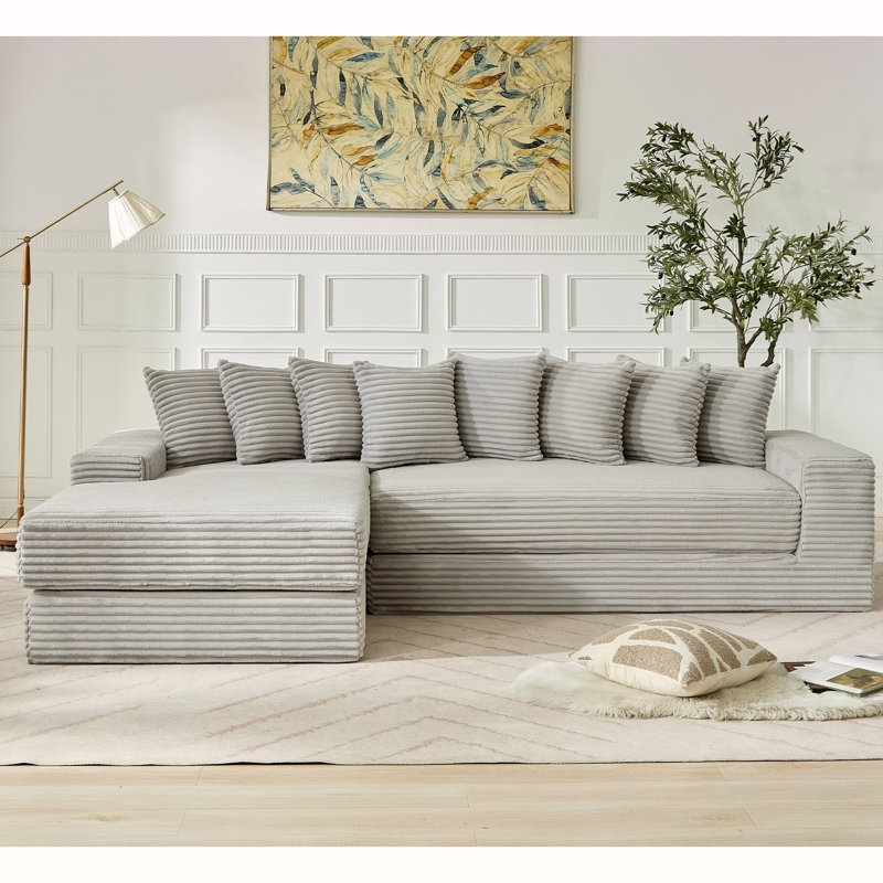 Canapé en L surdimensionné en forme de L, canapé-lit convertible, sans assemblage, huit coussins, 3 en 1, poche latérale, velours côtelé gris clair